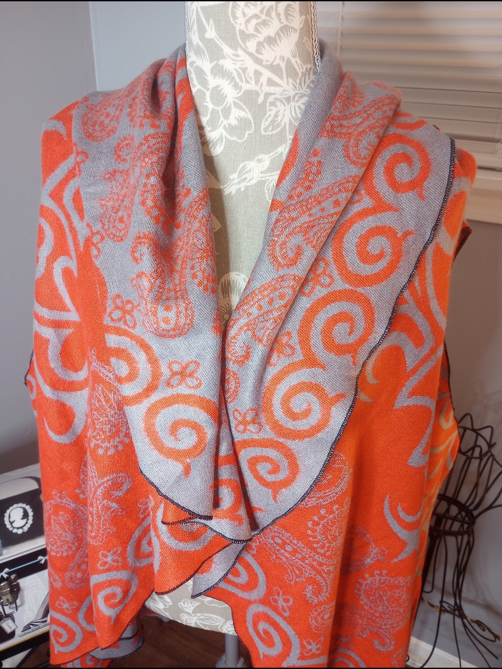 pashmina Orange and Gray Paisley-Scroll Sweater Wrap 100% Fine Wool